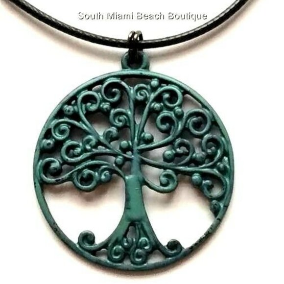 Tree of Life Necklace Celtic Green Patina Brass Pendant Black Cord Chain - Picture 1 of 7